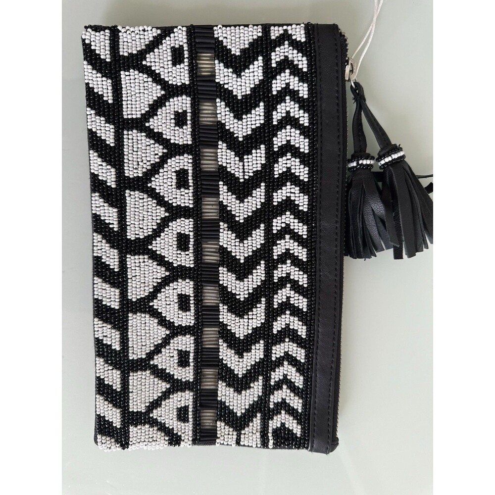 Shiraleah Chicago Black White Beaded Leather Clutch Wristlet Tassel Zip Bag